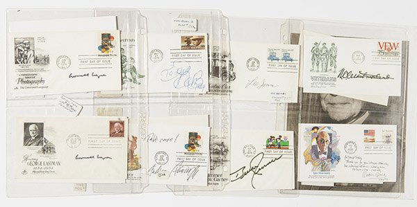Autographed First Day Covers Plus: Lot of 15, including Gen. Westmorland, Cornell Capa, Bernard Shaw, Eddie Adams, Berry Goldwater, Lee Iacoca, Neil Simon, Geo. C. Scott, and others, plus an 8 x 10 inch photo of Gen. James A. Doolittle