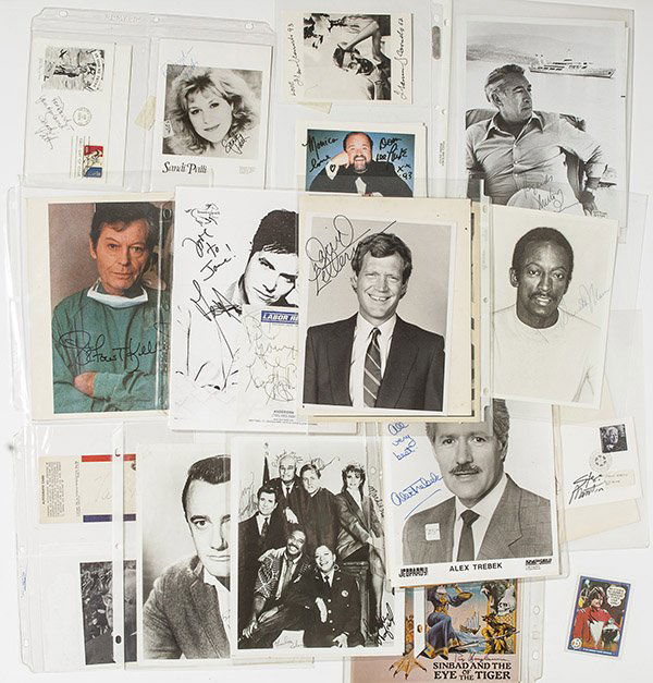 Hollywood TV Auographed Photos Plus: Lot of 30, including Wm Shatner, Donald Trump, Anthony Quinn, Dan Quayle (2), Charlton Heston, Sandi Patti, Milton Berle, Steve Martin, Robin Wells, Paul Winfield, Alex Trebek, Jonny Carson, David Let