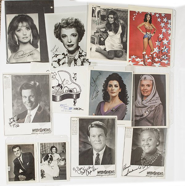 TV Actors Autographed Photos Plus: Lot of 24, including Star Trek Next Gen actress, artwork from Mac & Sack, Raquel Welch, James Stewart, Jame Wyatt, Bob DenverNatalie Shafer, Wonder Woman, Lynde Carter, Frank Parker and more.