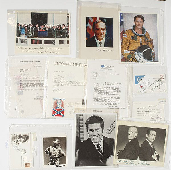 Autographed Photos Plus: Including Astonauts John Glenn & Joseph P. Allen, political figures Mario M. Quomo, Pat Buchanan, Reagan, Ed Kennedy, Dick Luger. Actor Kirk Douglas, Tony Curtis, others including Walter CronkiteErica