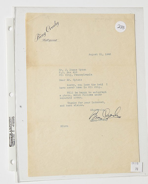 TLS Bing Crosby: on his personal printed stationary, 7 x 10 1/2 inches dated Aug. 21, 1946 and signed in ink.
