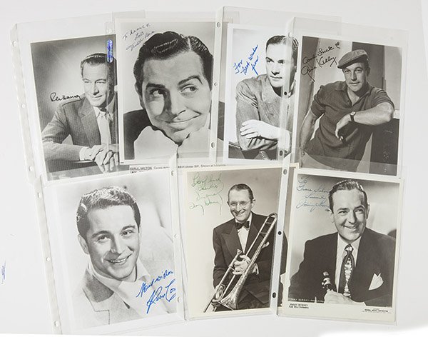 Seven Autographed Photos Movies & Big Band: all circa 8 x 10 inch black and white, including Gene Kelly, Buddy Rogers, Milton Berle, Jimmy Dorsey, Tony Dorsey, Perry Como, and one other.