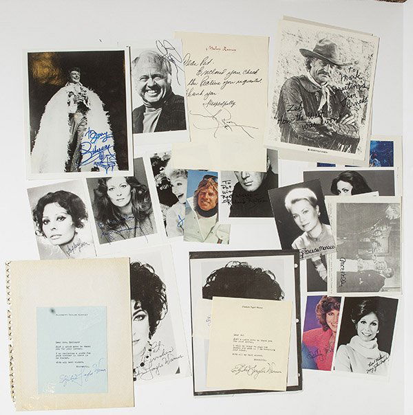 Huge Lot of Hollywood Autographs: Lot of 25 including signed photos, TLS & More. Including Fay Dunaway, Lucy Ball, Mary Tyler Moore, Sally Fields, LeRoy Neiman, Richard Burton, Grace Kelly, Several Elizabeth Taylor, Bob Hope, Robert R