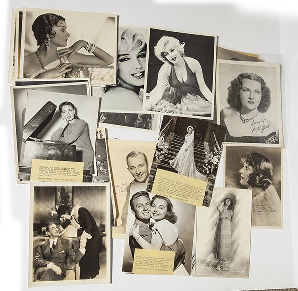 Hollywood Photographs: Lot of 36, many with printed autgraphs, including several Marilynn Monroe, Marice Chevalier, Wanda Hendrix, Gretta Garbo, Lizabeth Scott, Ann Blyth, John Barrymore, Phyllis Calvert, Helen Twelvetrees,