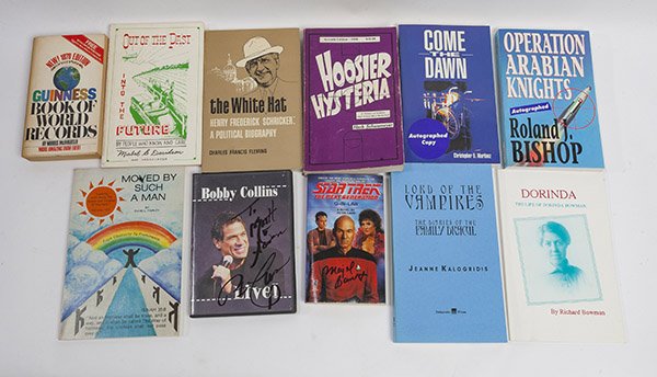 Author Performer Signed Books & CD: Lot of 11, including Star Trek the Next Generation Q-In-Law, signed by M. Barrett, plus The White Hat Henry Frederick Schricker A Political Biography, by Charles F. Fleming, paperback, plus Come the D