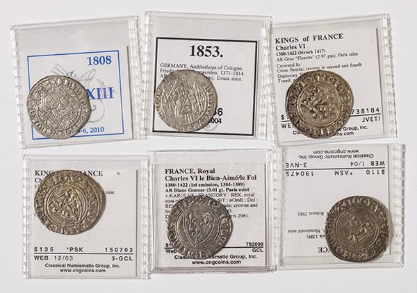 Lot of 6 France & Germany Medieval Coins: Includes Charles VI 1417 AR Gros Florette Paris mint; Charles VI 1411 Ar Blanc Guernar Paris Mint; Charles VI le Bien-Aime/le Fol first emission 1385-1389 AR Blanc Guenar Paris mint; Charles VI 2nd em