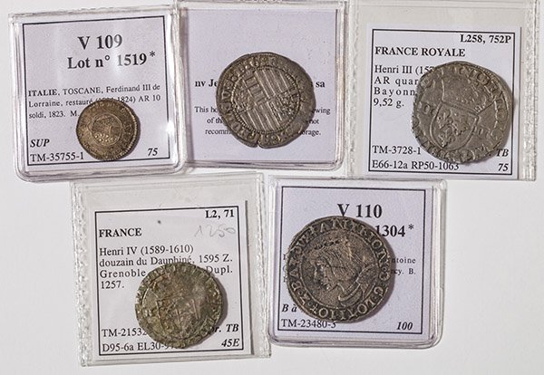Lot of 5 France & Italy Medieval Coins: Includes France Royale Henri III (1574-1589) AR quart d'ecu 1587 L. Bayonne;France, Lorraine Antoine AR teston 1527; France henri IV (1589-1610) douzain du Dauphine 1595 Z;Italie, Toscane, Ferdinand I