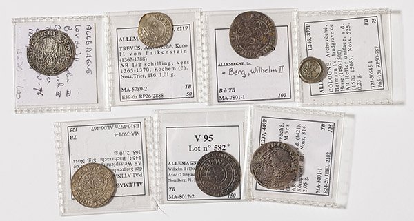 Lot of 7 Allemagne Medieval Coins: Includes Berg, Comte, Wilhelm II (1360-1380) Ar gross tournois; Cologne Dietrich von Mors1421 AR Weisspfennig Konigsdorf; Palatinat, Friederich ler der Siegeiche 1454 AR Weisspfenning; plus 4 other co