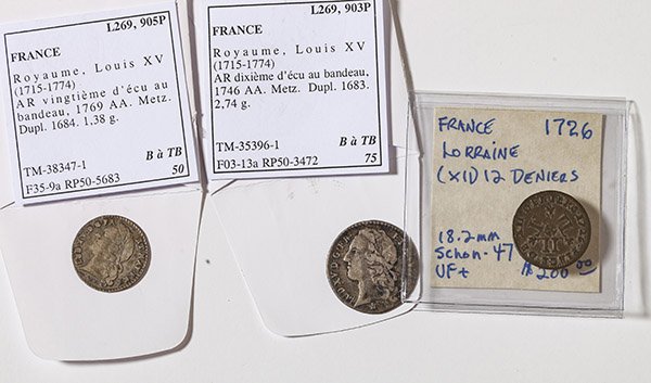 Three 18th Century France coins: Includes 1726 Lorraine 12 Deniers VF; Royaume, Louis XV AR dixieme d' ecu au bandeau 1746 AA; Louis XV AR vingtieme d' ecu au bandeau 1769 AA.
