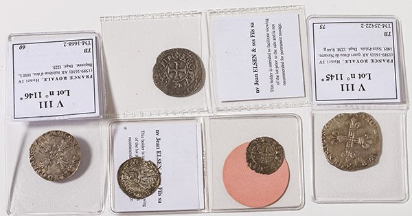 Lot of 4 France Medieval France coins: Includes Charles V (1364-1380); Aquitaine; Henri IV AR quart d' ecu de navarre, 1605, Sant Palais; Henri IV AR Huiteme d' ecu, 1610 L. Bayonne.