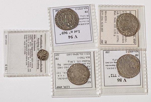 Lot of 5 Germany Medieval Coins: Includes: Cologne, Archeceche, Friederich Von Saarwerden Ar Weisspfennig 1373 Deutz. Noss.; Mayence, Archeveche, Dietrich II AR Weisspfennig, 1461-62; Berg, Comte, Wilhelm II (1360- 1380) AR Weisspfen