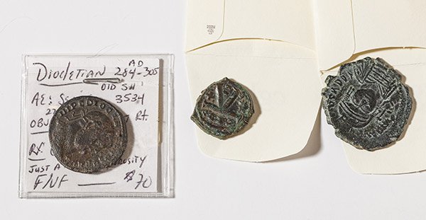 3 Ancient Coins: Includes: Byzantine 589-590 Maurice Tibere Follis; Byzantine 583-584 Maurice Tibere Demi-follis; Diocletian 284-305.