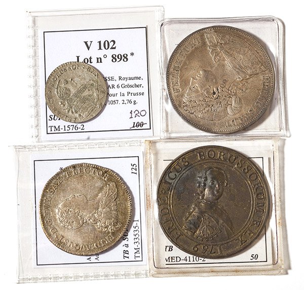 3 German Coins & German Medal: Includes: Saxe Friedrich August III 1766 coin; Prusse, Royaume, Friedrich II AR 6 Groscher 1755 E. Koningsberg. Pour la Prusse Orientale.: Francfort, Ville libre, AR double Vereinstaler, 1866; Laiton 