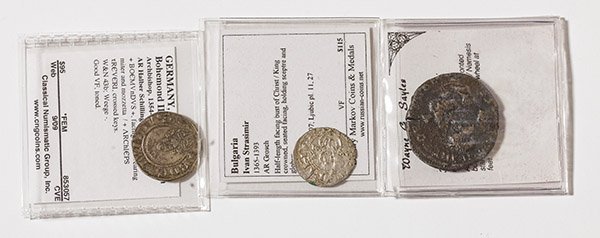 2 Medieval & 1 Ancient coin: Includes; Bulgaria Ivan Strasimir 1365-1393 AR Grosch; Germany, Trier Bohemond II von SaarbuckenArchbishop 1354-1362 Ar,Halber Schilling; Odessus, Thrace Gordian III/Nemesis Ad 238-244 AE 27mmhrace