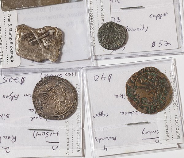 4 Spain Medieval Coins: Includes: 2 Reales 1474-1504 ND VF20; 4 Reales ND (late 1500's-early 1600's) F12 silver, shipwreckcob,some toning; Barcelona 1 Ardite 1616 AR F15 Copper Km#13; 4 Maravedis 16th Century ND Vg-10 copper