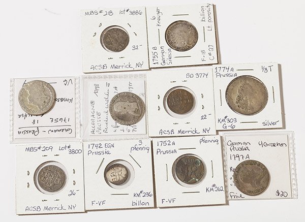 Lot of 10 18th Century German Prussia Coins Plus: 1755 B German Silesia 6 Krueger F-15; 1782 Silesia 3 Kreuzer VF; 1742 Egn Prussia 3 Pfennig F-VF; 1752 A Pfennig F-VF; Six other Prussian coins