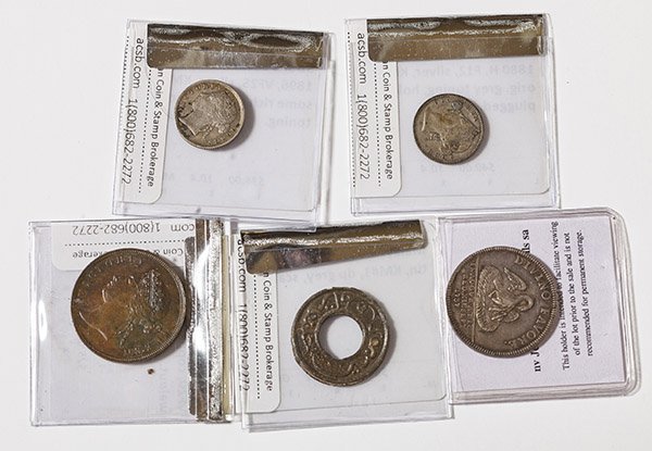 Lot of Straits Settlements, Malaysia Coins: Lot includes 5 coins including : Pays- Bas Suptenrionaux AR Jeton 1737; Malaysia Pitis 1805 EF; 3 Straits Settlements Coins.