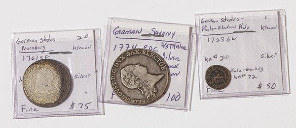 3 German 18th Century Coins: Includes: Saxony Silver 2/3 Thayer F15; German States Nurnberg Silver 20 Kleuzer 1761 SF Fine; German States Pfalz- Electoral Pfelz Silver 1 Kleuzer Fine