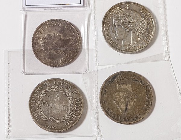 Lot of 4 France & Italy Coins: Includes: 1806 Lucques Piodbino five francs; France 1849 5 Francs; Louis XV AR demi-ecu Vertugadin 1716 A Paris; 1811 Napolean coin