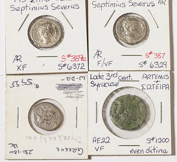 Lot of 4 Ancient Coins: Includes: 193-211 AD Denarius Septimius Severus XF; Late 3rd Century Syracuse Artemis & Erteipa VF; Grece 230-100 BC Dyrechium; 193-211 Ad Denarius Septimius Severus AR F/VF