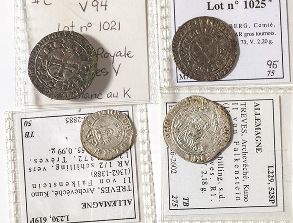 3 France & German Medieval Coins: IncludesTreves, Archeveche, Kuno II von Falkenstein AR double Schilling 1376 Treves.Berg, Comte, Wilhelm II 1360-1380 AR gros tournois; France Royale Chaarles V AR blanc au K; other German 1365 -1372 
