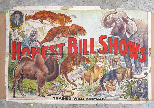 Rare Early Honest Bill Shows Circus Poster: Very early & colorful poster with Honest bill at top left. 28" x 42".