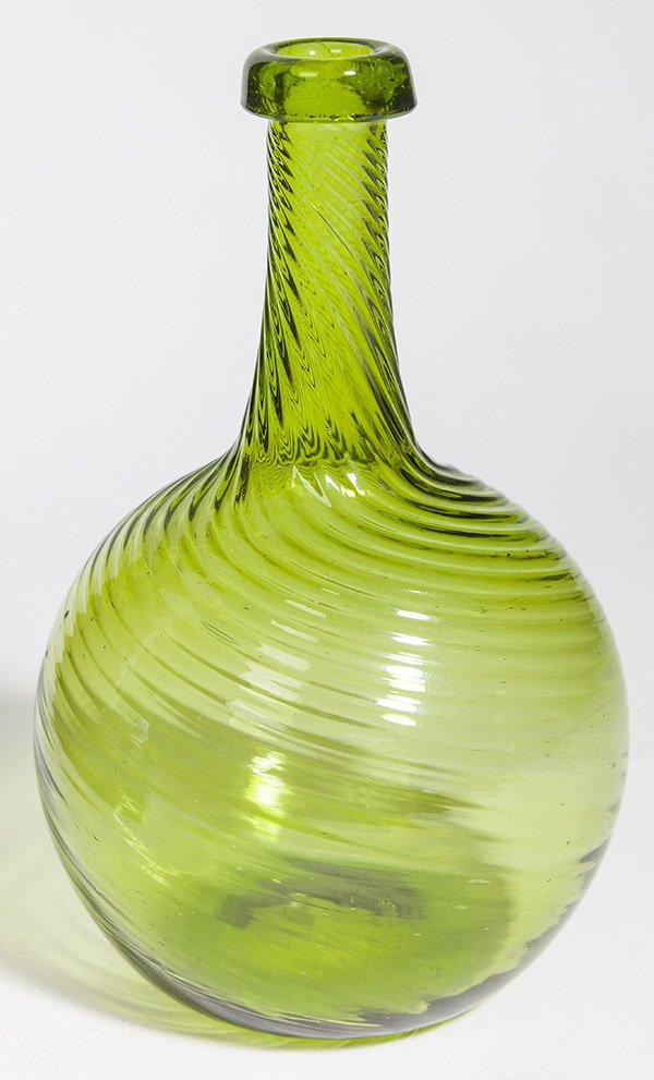 Zanesville Style 21 Ribbed Green Bottle: In lovely deep green color with nice wide folded down lip, 21 ribs and fire polished pontil. Appears to have initials Hzv 86 etched on bottom. 4-4 1/4" diameter x 7" high
