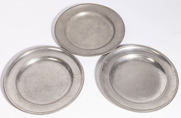 Three American Pewter Plates: Lot of three, including a 7 3/4" plate with double Samuel Danforth eagle touch mark; plus a 7 3/4" plate with double Ashbil Griswold's eagle touch mark, plus a 7 3/4" plate with double Thomas D. Board