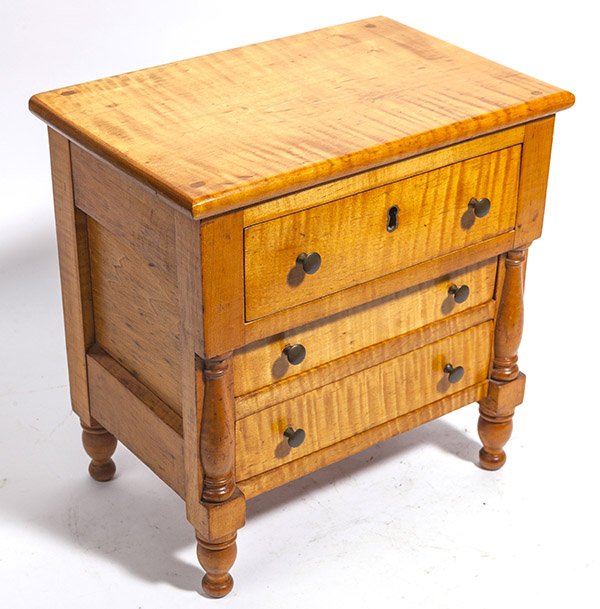 Ohio Miniature Tiger Maple Chest: Great 3 drw. Miniature Sheraton chest with dovetailed construction & turned feet. Found in Henry County Ohio. 13" high x 13" wide x 8 1/2" deep