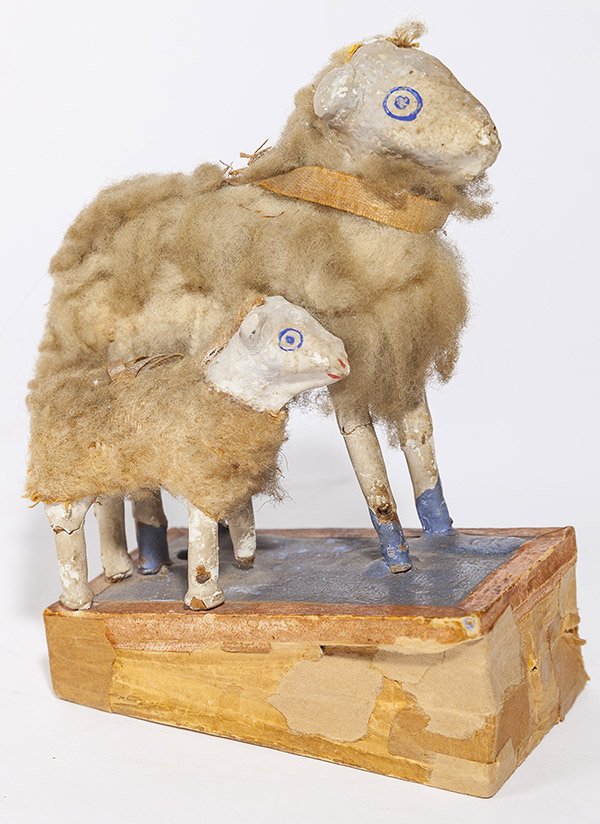 Pip Squeak Sheep & Lamb Toy: composition bodies with painted features and wool covered, mounted on bellows platform, 2 1/2 x 4 x 6" high.
