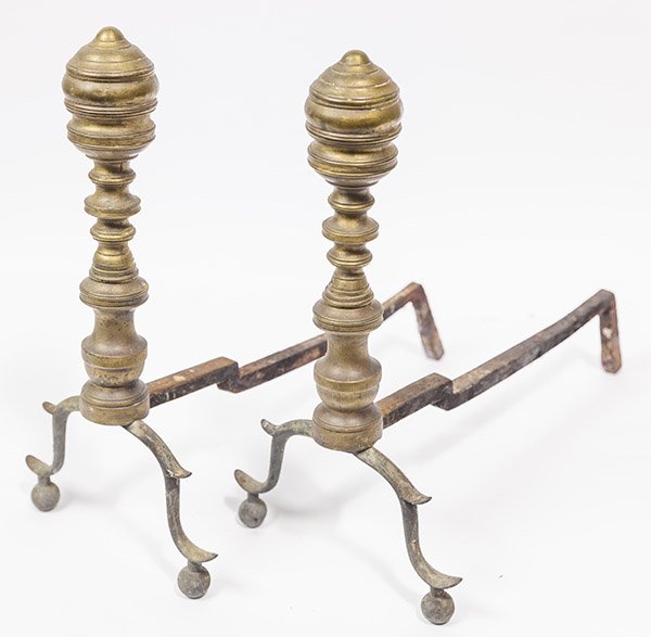 Pair Period Chippendale Brass Andirons: with nice turned columns and scrolled feet with ball terminals, 8 3/4 x 17" high x 16" long.