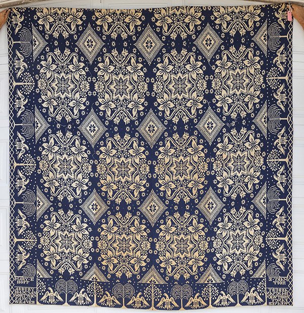 Blue & White 1845 Jacquard Coverlet w/ Eagle Boder: signed in corner block "Mary E. Hoff Ashbury 1845 S.C. Vannorthwick Fancy Weaver", 80m x 84".