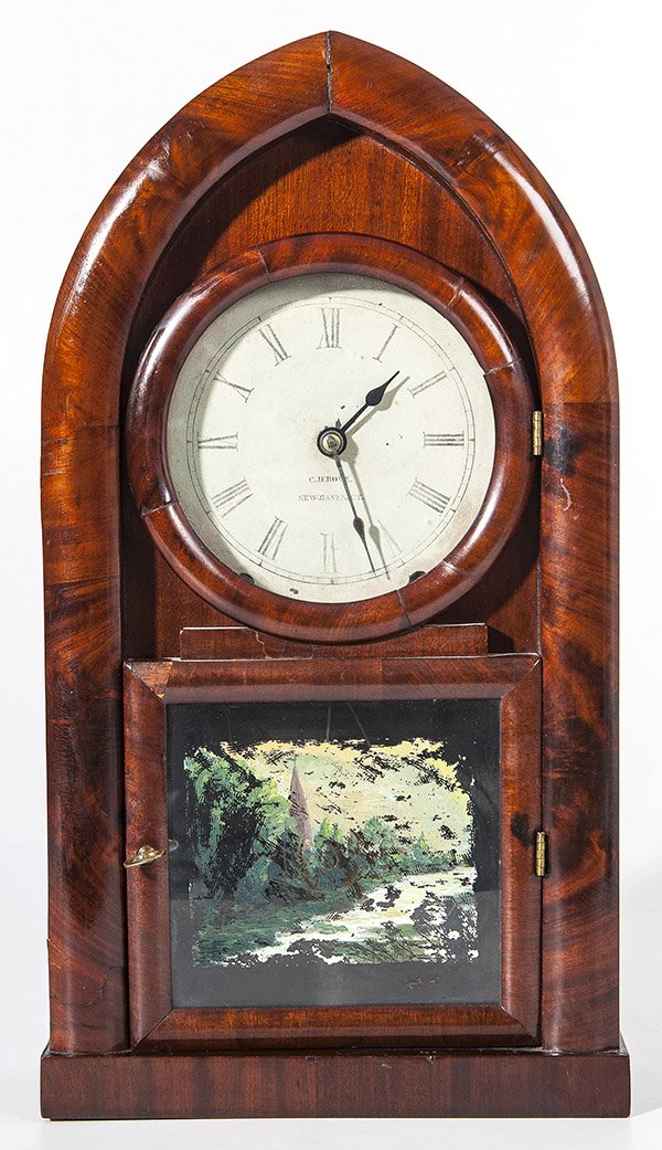 C. Jerome Gothic Shelf Clock: With painted steel dial marked "C. Jerome/New Haven, Ct." with Roman numerals, brass time & strike spring driven movement with original pendulum & key. Case in mahogany with Gothic arch peeked pedimen