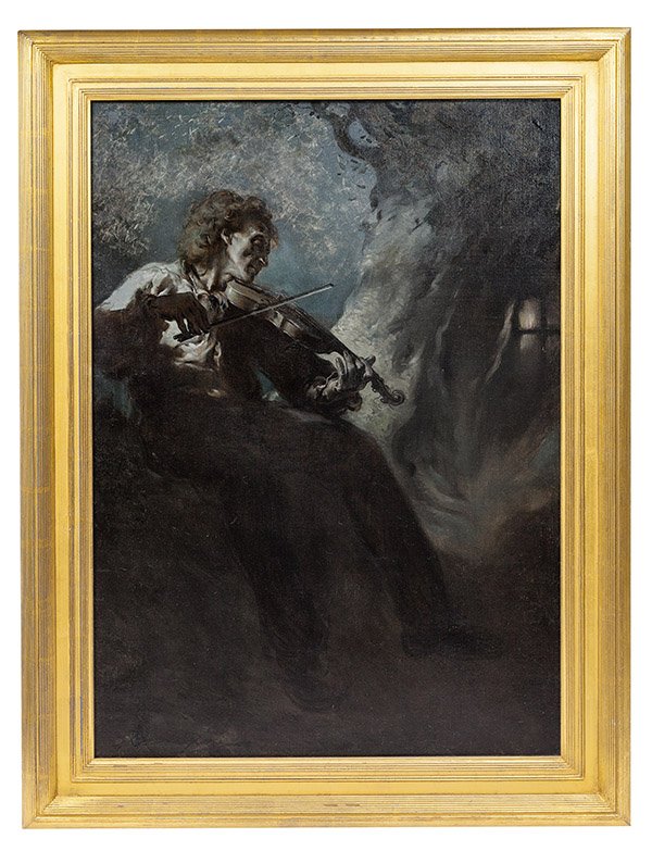 Violinist Oil Painting by Eric Pape (CA. 1870-1938): Oil on canvas of violinist playing his instrument while seated next to a large hollow tree with lighted doorway into it, night scene, signed lower left, 24 x 34" in gilt frame, 41 x 41". One of his mo
