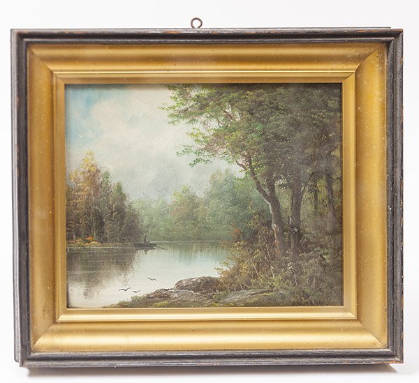 Landscape Oil Painting Signed E.M. Carr: Well done on artist board, forested river scene with American Indian in canoe. Signed lower right E. M. or H.? Carr. 8 x 9 3/4" in period shadow box frame, 11 x 13".
