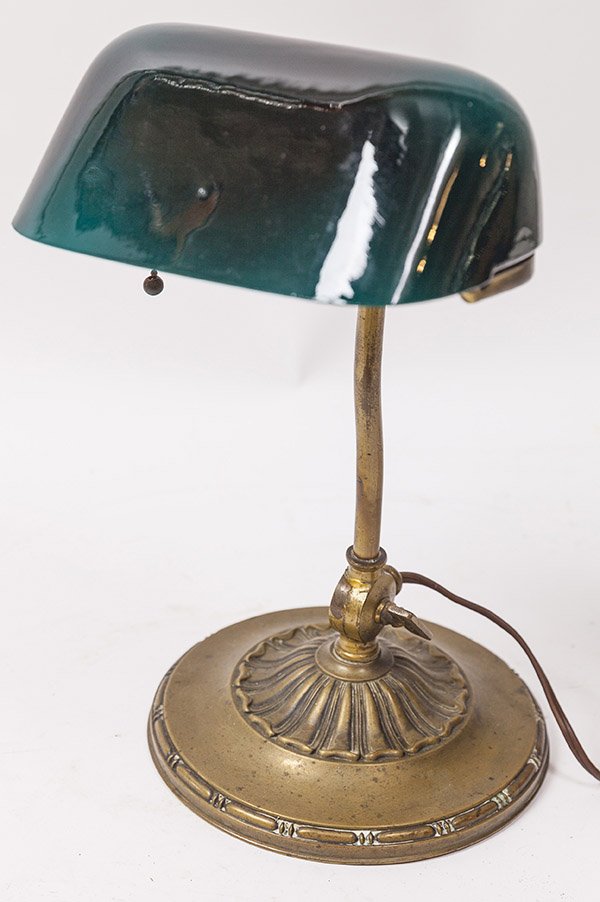 Emeralite Desk Lamp: signed on frame with fine heavy bronze base, 15 1/2" high.