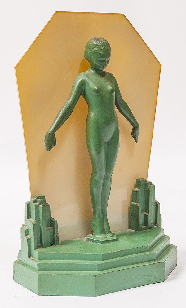 Art Deco Frankart Style Desk Lamp: bronze painted metal with full figure Art Deco nude withivory colored glass panel lit from behind, 5 x 6 1/4 x 10 1/2" high.