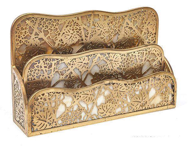 Tiffany Letter Holder: with pierced vintage design in gold dora finish, marked on base "Tiffany Studio/New York/1008" with three slag glass panels, 2 1/2 x 10 x 7 1/4" high.
