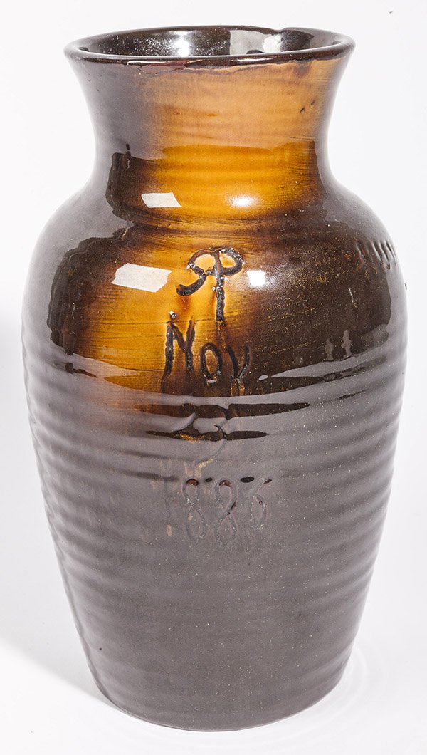 Unusual 1886 Rookwood Vase: wheel thrown with scraffito inscription on side of Rookwoods RP logo and "Nov./23/1886" and three groups of artists initials on other side left to right reading "HHW/JAH/HgR" on unmarked red clay body
