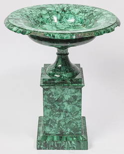 19th Century Malachite Compote: a massive cut & turned two piece compote made of this lovely semi-presious stone, small bird batrh size, 13" diameter x 16" high.