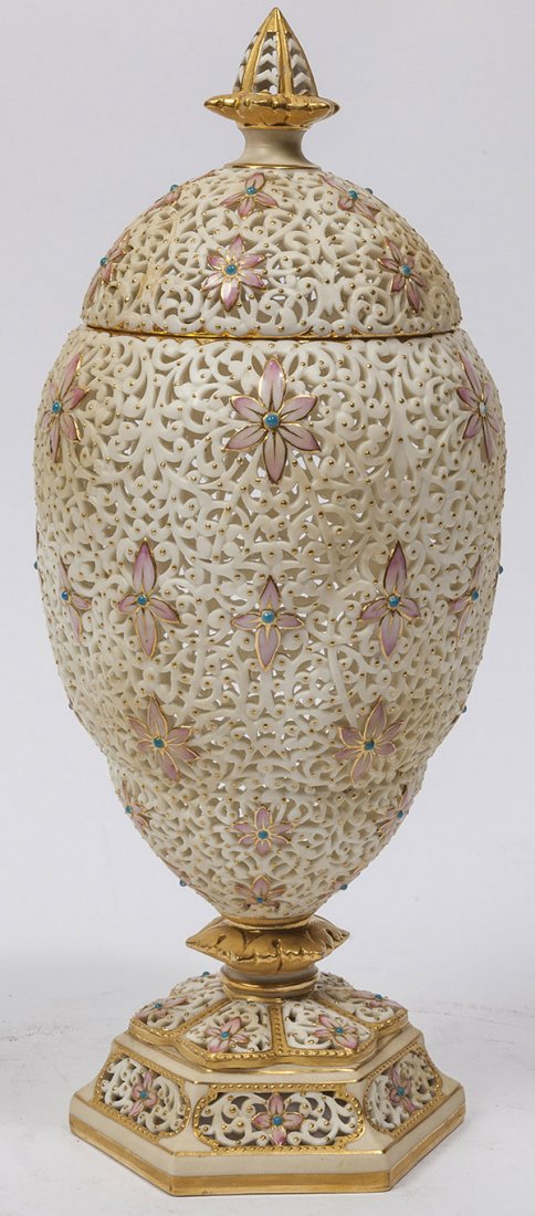 Royal Worcester Reticulated Porcelain Lidded Urn: lovely egg shaped ivory colored porcelain body, fully reticulated with pink 6 pedalled jewled flowers on hexagonal reticulated base, 13" high, with black printed mark on base "Royal China Works Worces