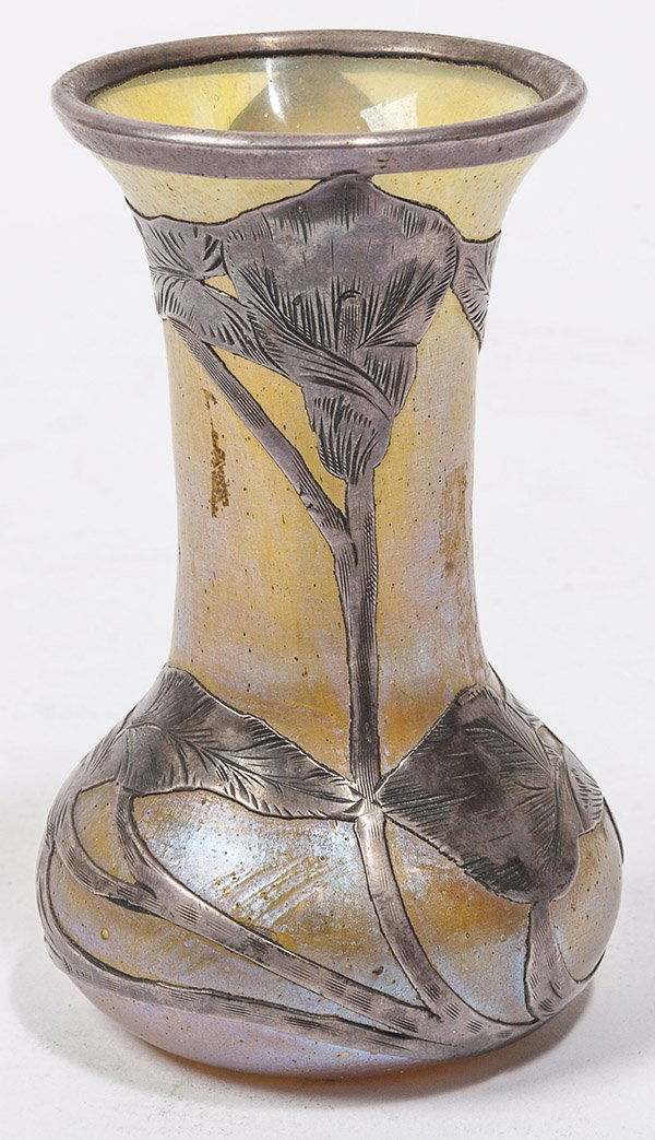 Loetz Art Glass Silver Overlay Miniature Vase: gold irridesent bulbous form vase with finely engraved branching leaves in silver overlay, circa 1890-1900, unsigned, 4" high.