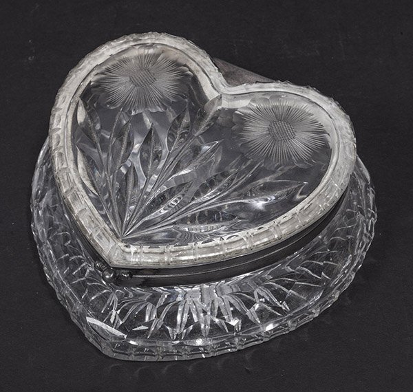 Cut Glass Lidded Dresser Jar: in heart shape with silver plated mounts and lip with branching cut daisies with leaves, body with hexigon cuts and base with star burst, 5 x 5 1/2 x 2 1/2" high.