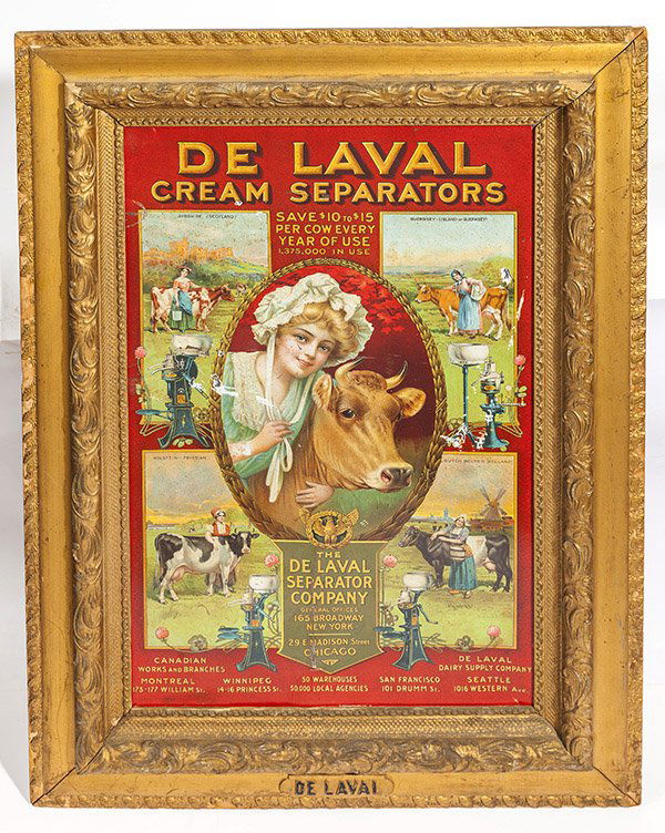 Large DeLaval Sign: Chromolithographed on metal with oval portrait of milk maid and cow in center, surrounded by vignettes of various different milk maids from different countries with landscape backgrounds and "De Laval