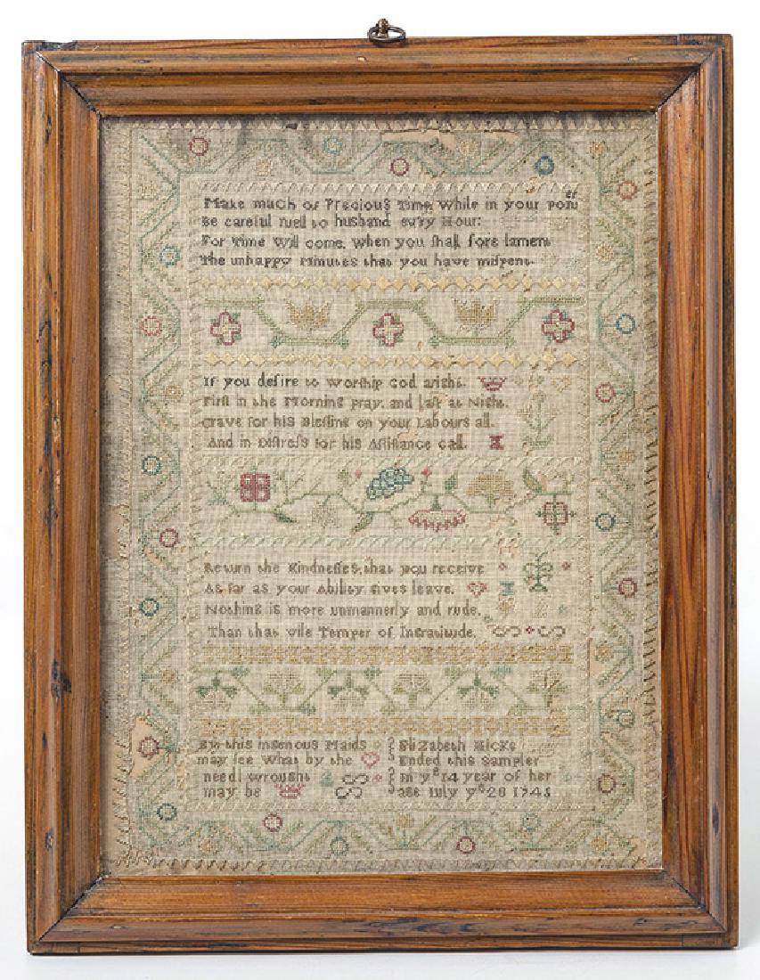Outstanding 1745 Sampler: Silk on linen with four blocks of text divided by bands of polychrome florals and matching border. The inscription reads from top to bottom as follows: "Make much of Precious Time while in your Power/