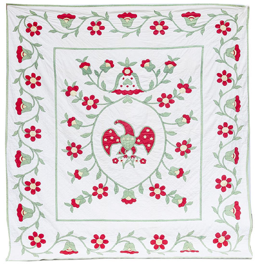 Appliqued Eagle Quilt: In circa 1920-30's calico and solid printed fabrics in red, green & yellow, with central shield breasted spread winged U.S. eagle with stars, all hand quilted. Circa 80" x 90".