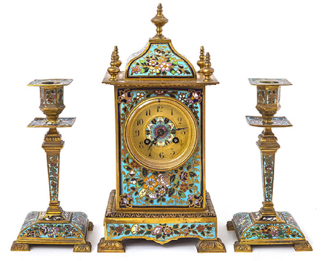 French Champleve Enameled  Vincenti cie Clock Set (1 of 9)