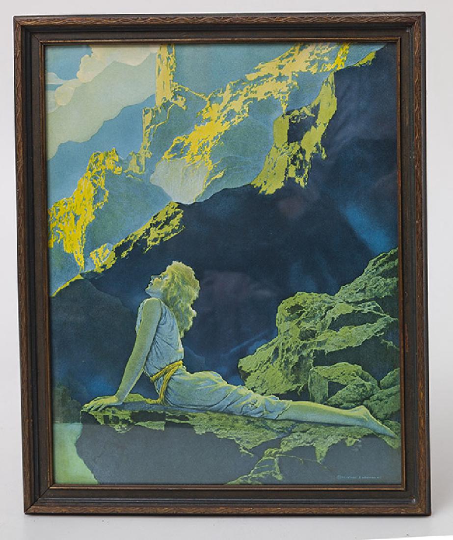 Maxfield Parrish Print: Young classically draped reclinging lady in classical dress in mountain setting, marked lower right "Reinthal & Newman, N.Y." , 12 x 15", in original frame, 13 12 x 16 1/2".