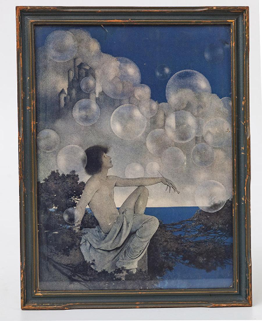 Maxfield Parrish Print: Young boy at sea side with castle & bubbles in sky, 12 x 16", in original frame, 13 3/4 x 17 3/4".