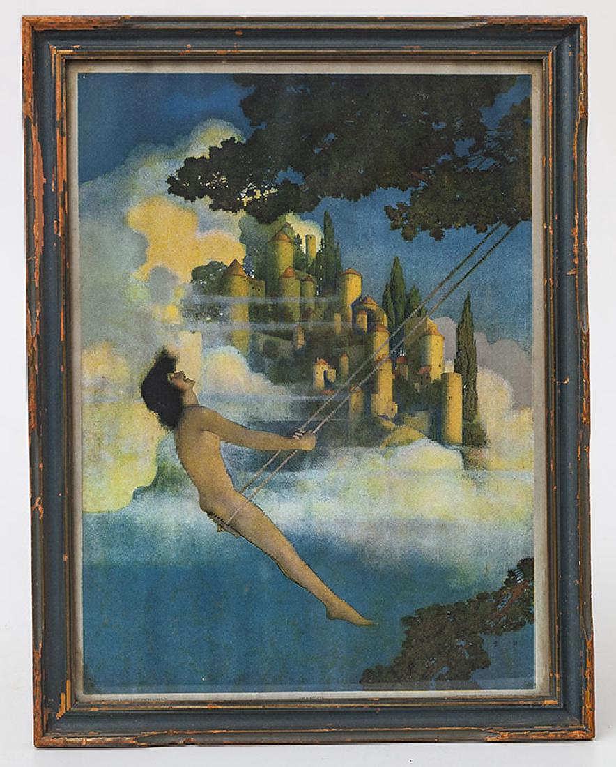Maxfield Parrish Print: Nude in swing with castle in background, marked "M.P." in print, 12 x 16" in original frame, 13 3/4 x 17 3/4".